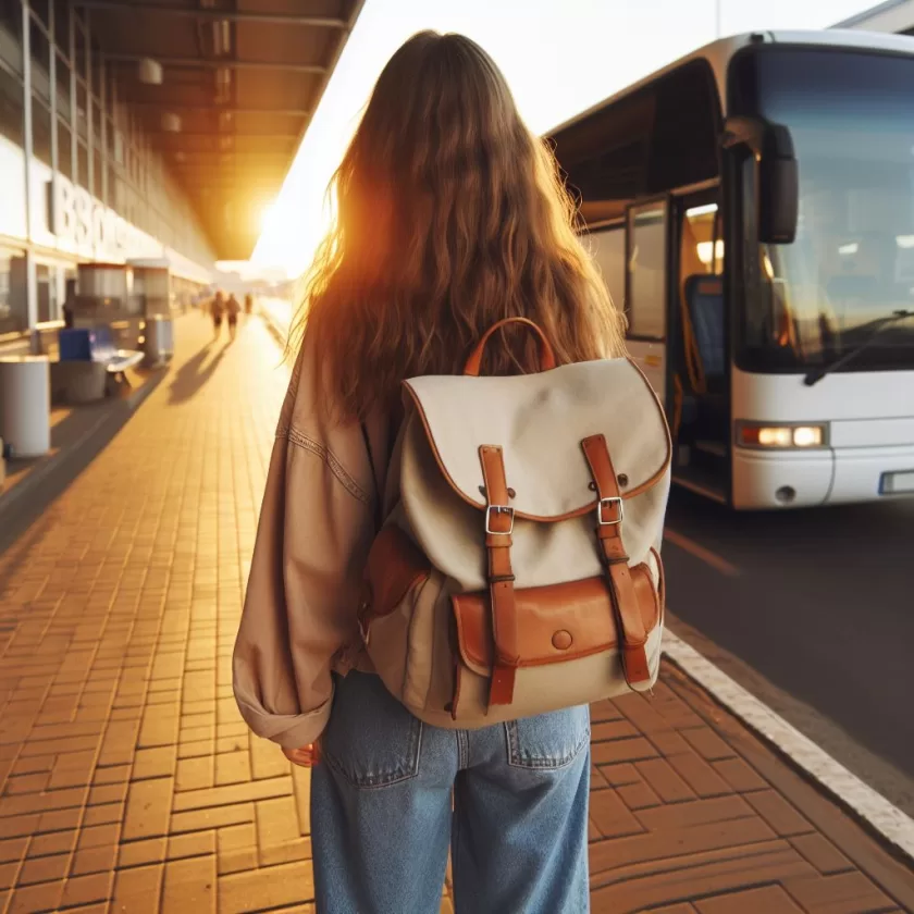 Menina embarcando sozinha em um ônibus. Ela leva uma mochila nas costas