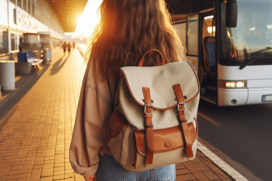 Menina embarcando sozinha em um ônibus. Ela leva uma mochila nas costas