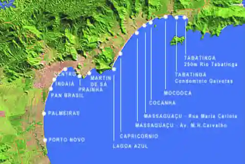 Mapa mostra as praias que possuem medição de balneabilidade pela Cetesb