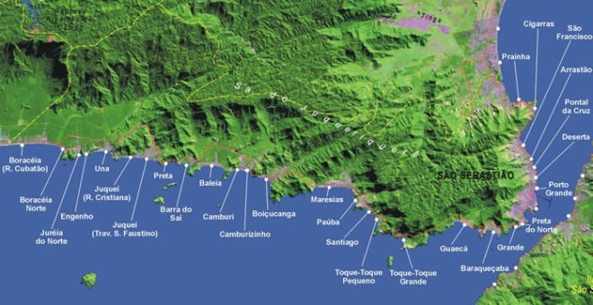 Mapa das praias monitoradas pela Cetesb em São Sebastião.