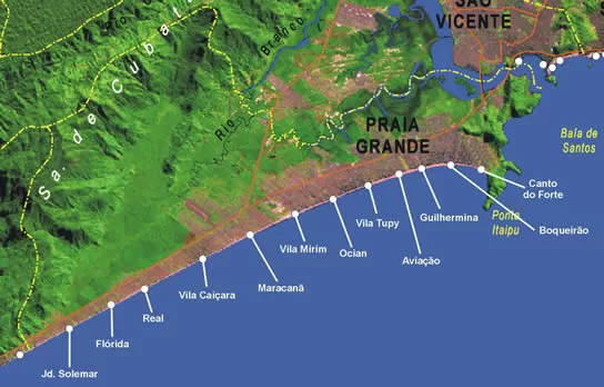 Mapa mostra as praias que possuem medição de balneabilidade pela Cetesb
